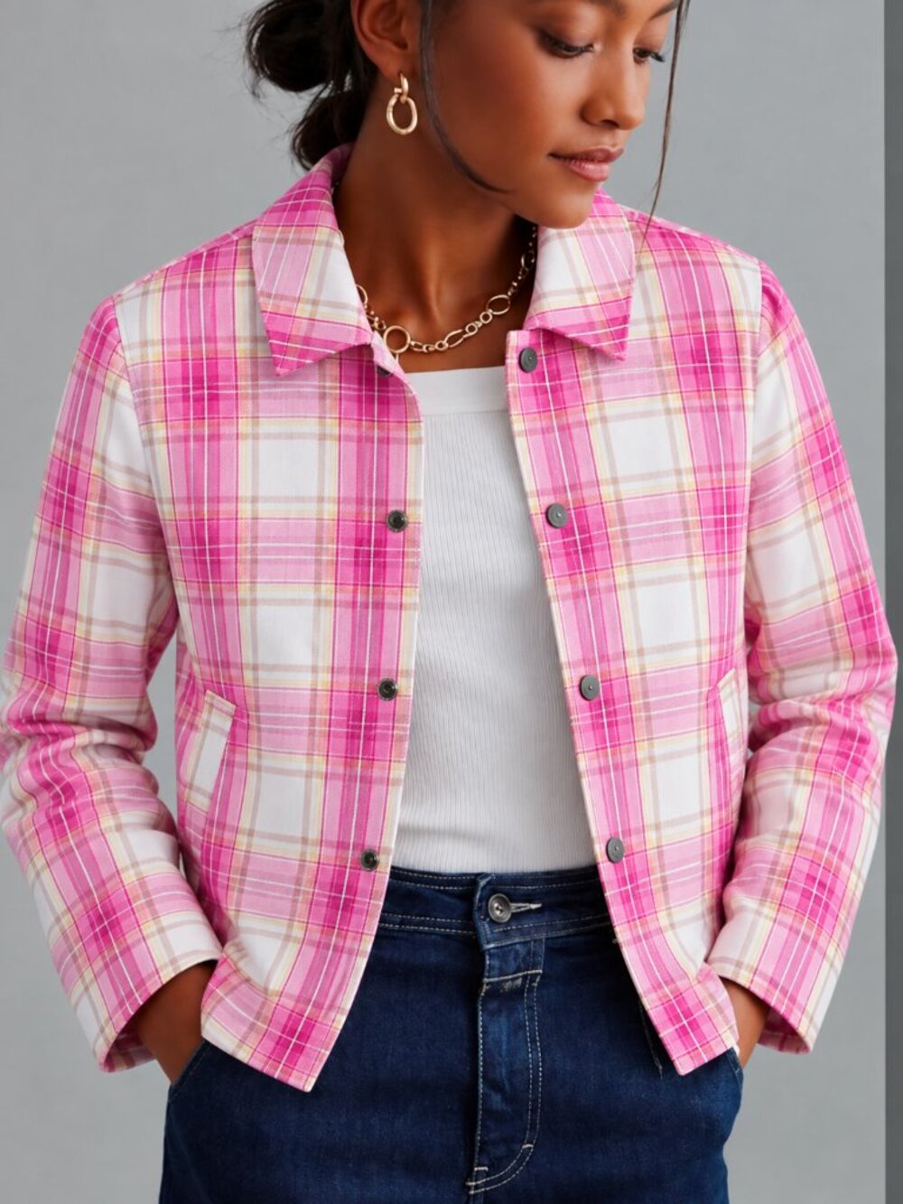Isaac Mizrahi NEW Pink Plaid Garden Boxy Snap Front Twill Jacket SZ Medium